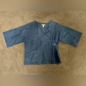 Eileen Fisher Blue Linen Asian Wrap Top with Ring Closure Detail